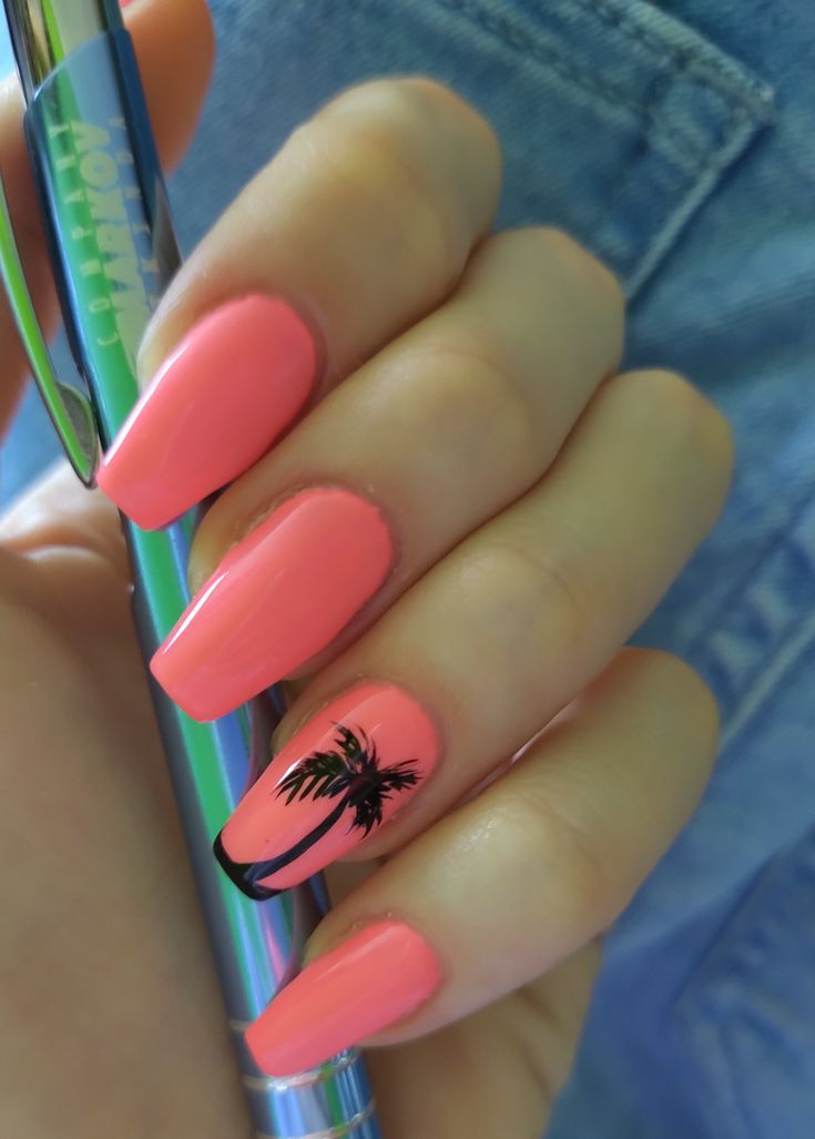 Tropical-Inspired Coral Manicure with Black Palm Tree Accent