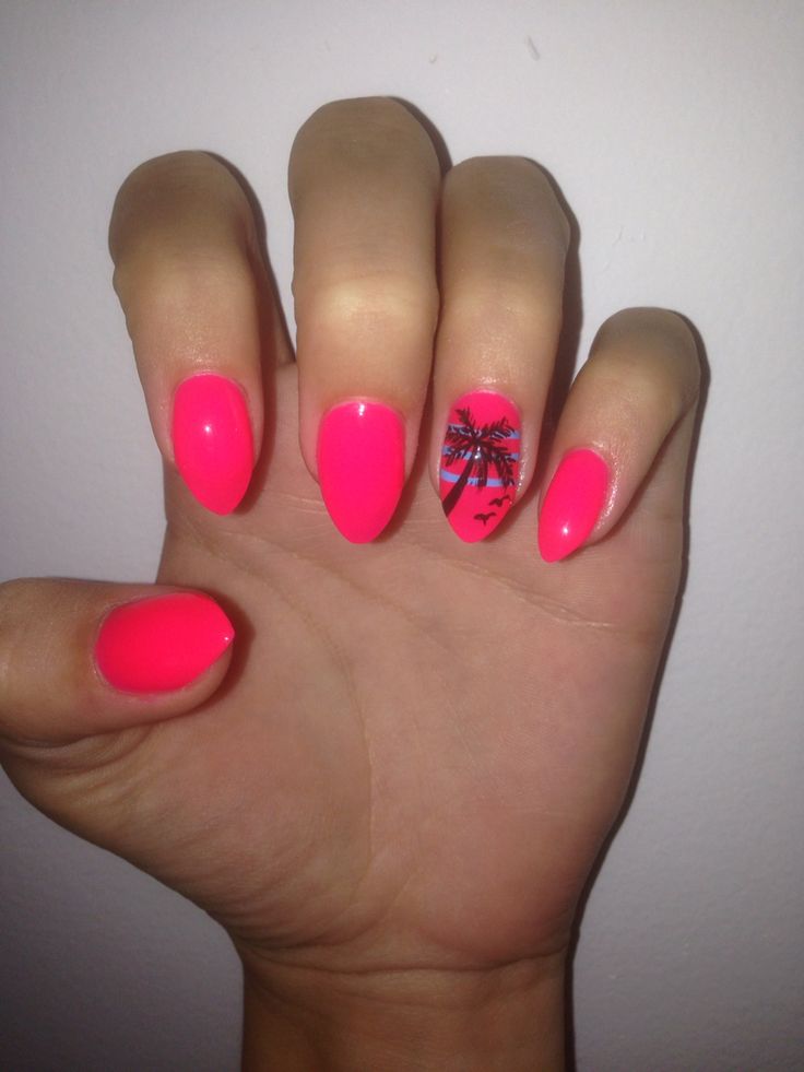 Tropical Vibes: Playful Vibrant Pink Nail Design with Charming Palm Tree Accent