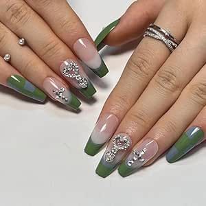 Sophisticated Green Ombre Nails with Rhinestone Accents