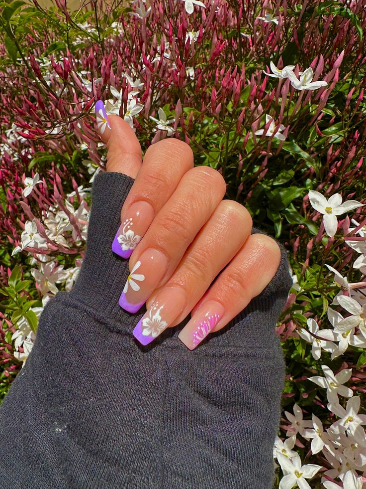 Delicate Floral Nail Design with Purple Tips for a Vibrant Spring/Summer Aesthetic.