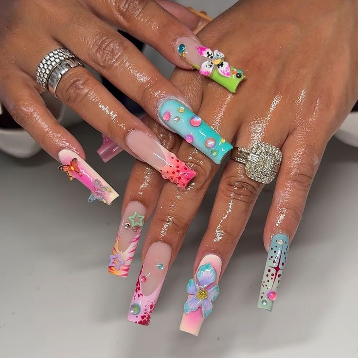 Vibrant Nail Designs Featuring Playful Colors and Intricate Patterns.