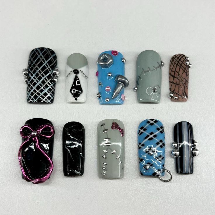 Artistic Nail Design Blending Intricate Patterns and Textures with 3D Embellishments.