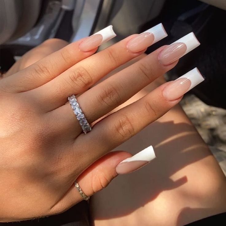 Sophisticated Elegant Nude and White Ombre French Manicure with Long Square Tips