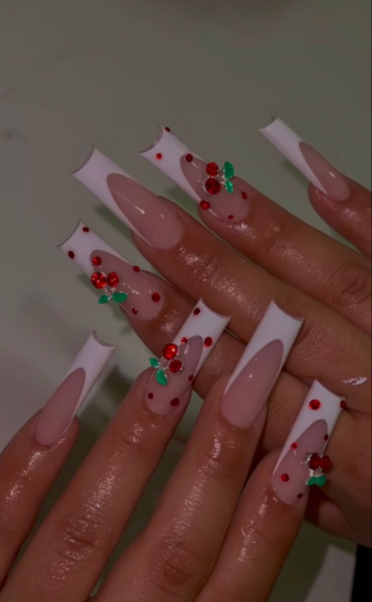 Cheerful Nail Design: Clear and White Tips with Glossy Cherry Motifs and Green Leaves.