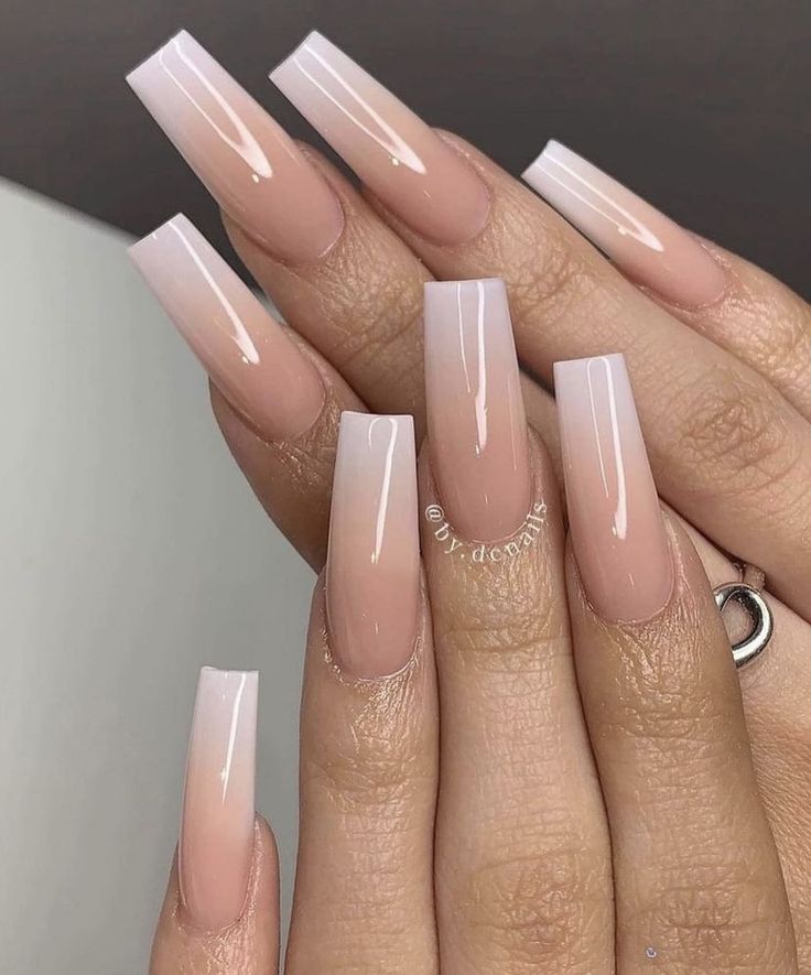 Elegant Ombre Nail Design: Chic Blush Pink to White Gradient on Long Square Nails