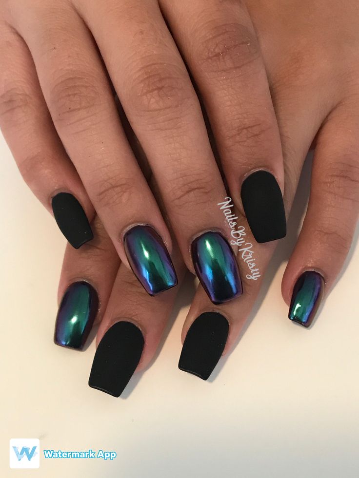 Chic Nail Design: Bold Matte Black Meets Iridescent Elegance for Any Occasion.