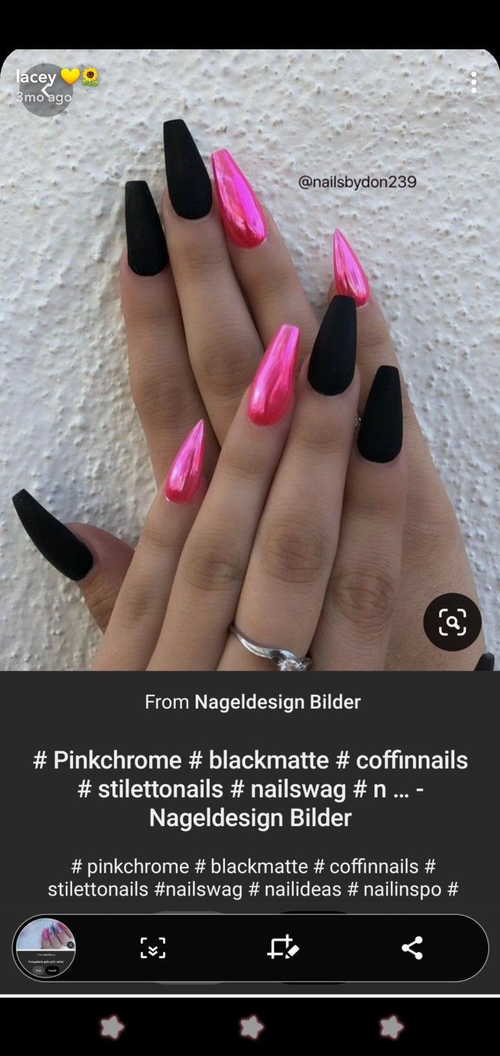 Modern Matte Black and Vibrant Pink Chrome Nail Design for a Bold Statement.