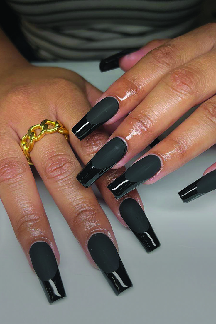 Chic Matte and Glossy Black Long Nails: A Modern Elegance.