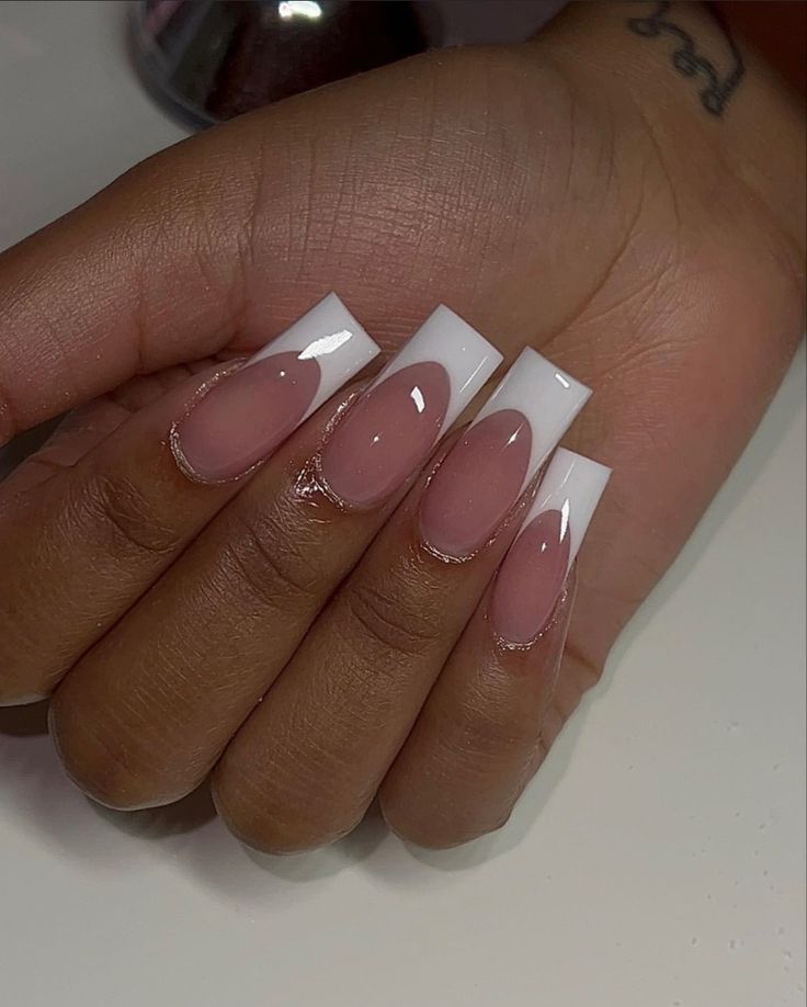 Chic Ombre Nails: Soft Pink and Crisp White Tips with Glossy Finish