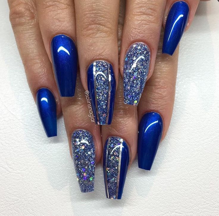 Chic Bold Blue Nail Design with Glitter Accents and Elongated Shape