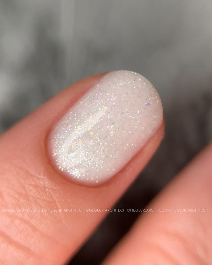 Elegant Shimmering Nail Design with Iridescent Finish and Reflective Particles.