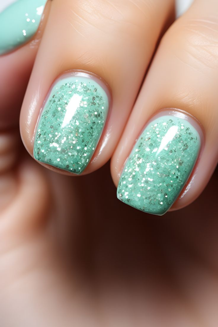 Captivating Mint Green Nail Design with Shimmering Gradient Effect