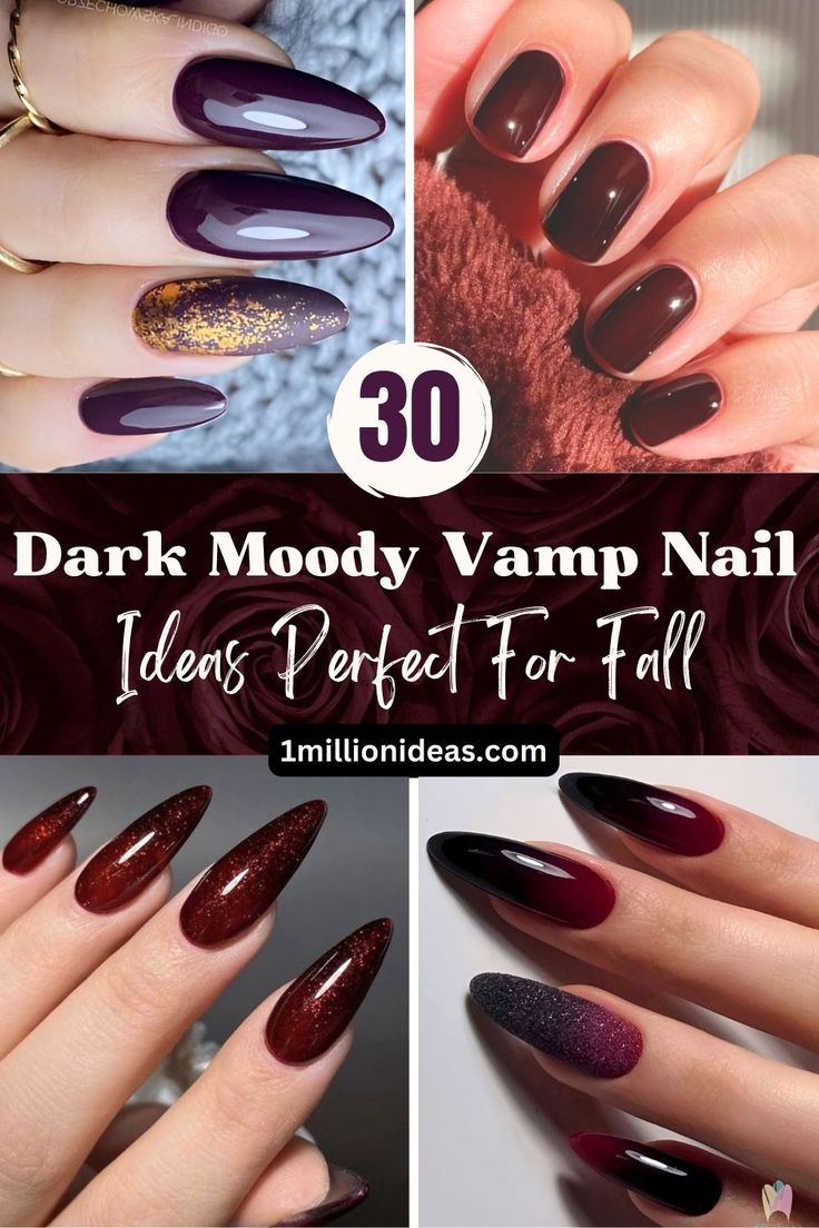 Elegant Dark Vamp Nail Art Inspiration for Fall: Mood-Enhancing Designs in Deep Shades and Creative Textures.