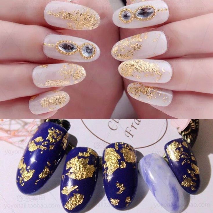 Elegant Gold and Deep Blue Nail Designs: Sophistication Meets Boldness.