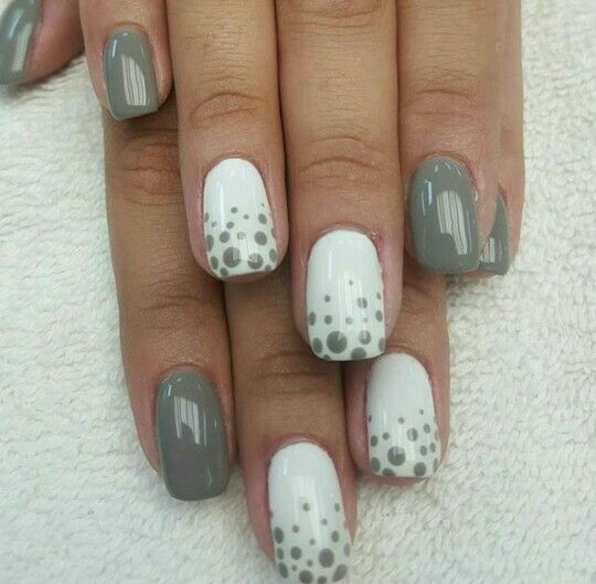 Chic Gray and White Nail Design with Playful Gradient and Dotted Accents