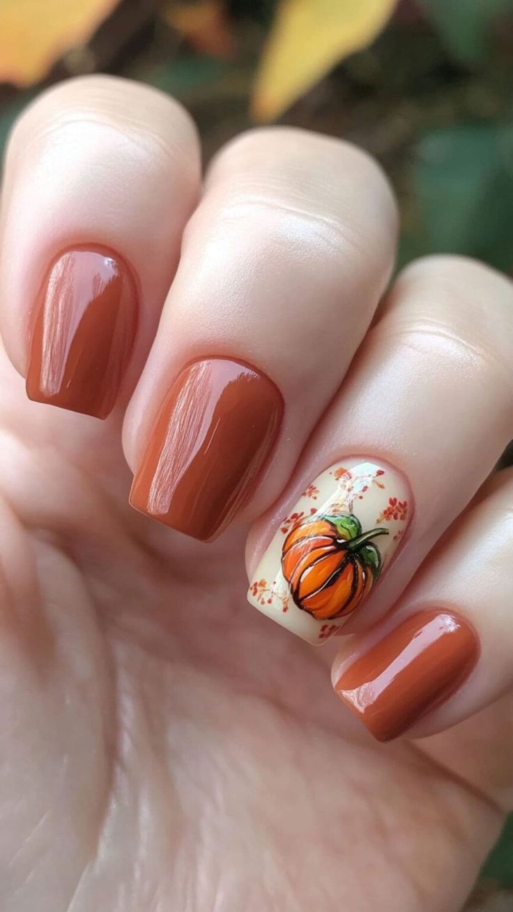 Charming Autumn-Inspired Nail Design with Earthy Tones and Pumpkin Accents