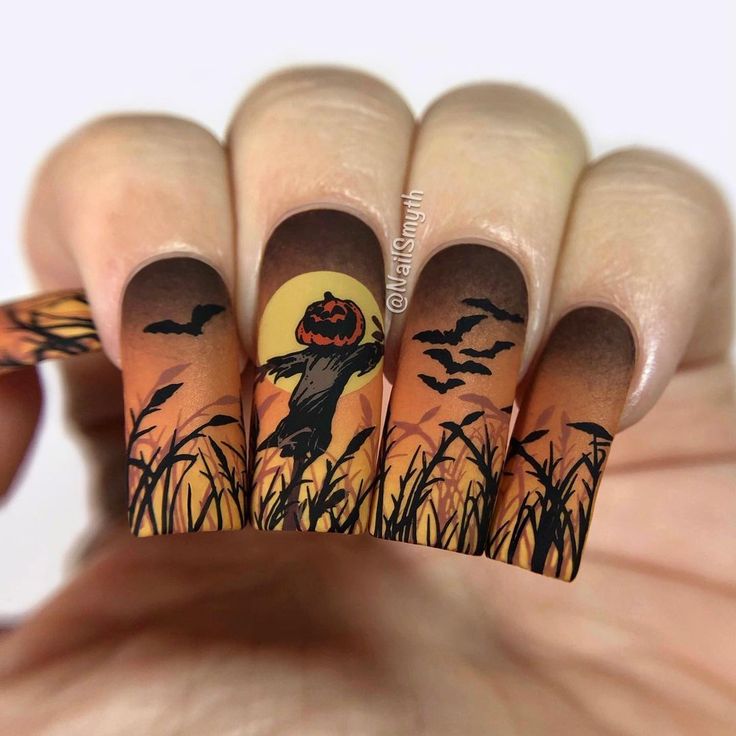 Autumn-Inspired Nail Art: Spooky Scarecrow and Gradient Warm Hues.