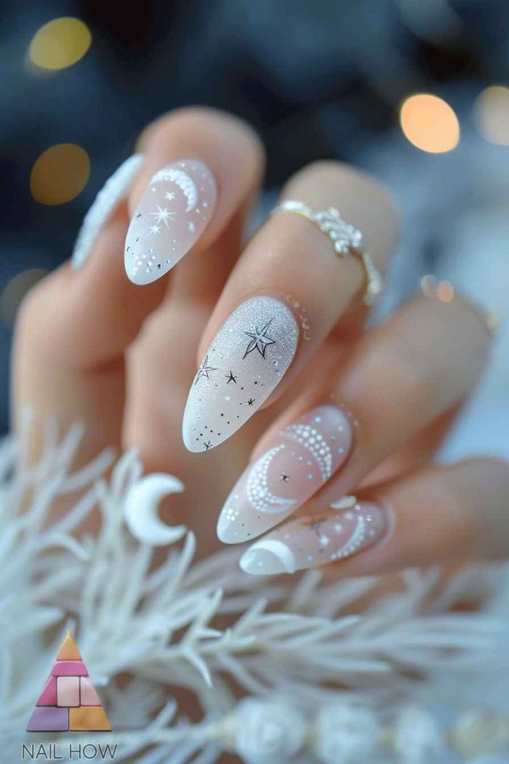 Ethereal Celestial Nail Design with Soft Pastels and Silver Accents