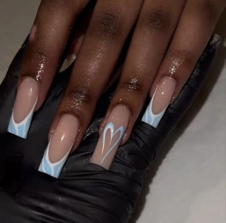 Chic Nail Design: Elegant Nude and Soft Blue with Heart and Geometric Patterns