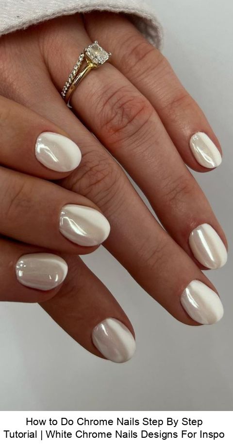 Chic Elegant White Chrome Nails with Glossy Finish and Softly Rounded Tips.