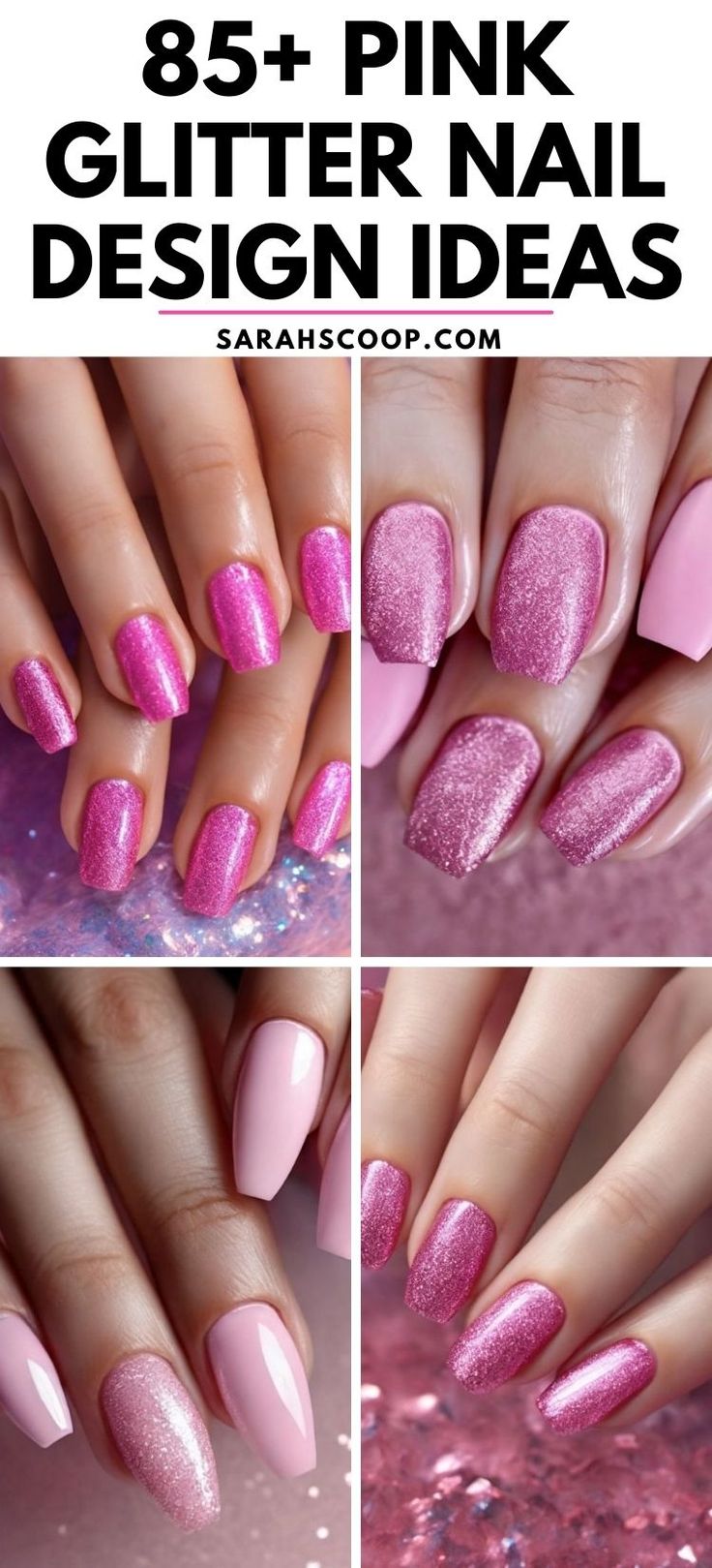 Vibrant Glittery Pink Nail Designs: A Playful Blend of Textures for Every Occasion.