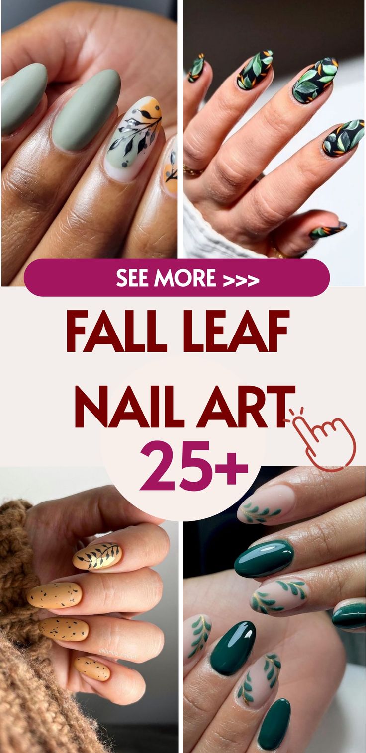 Autumn-Inspired Earthy Nail Designs: Celebrate Fall with Leaf Motifs and Elegant Patterns.