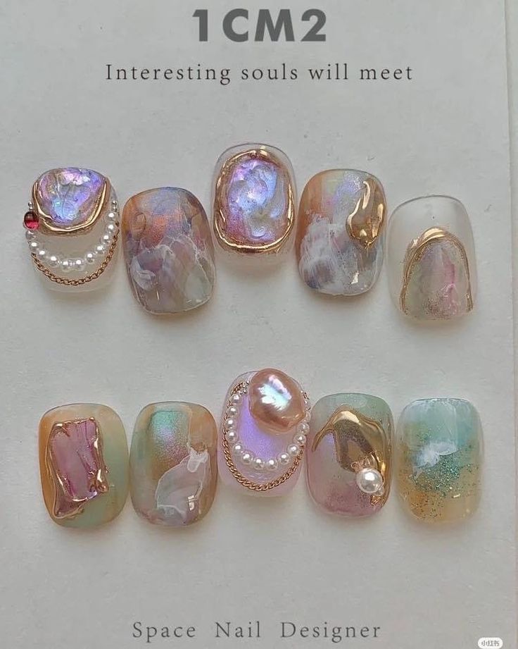 Sophisticated Pastel Nail Designs with Iridescent Effects and Elegant Accents.