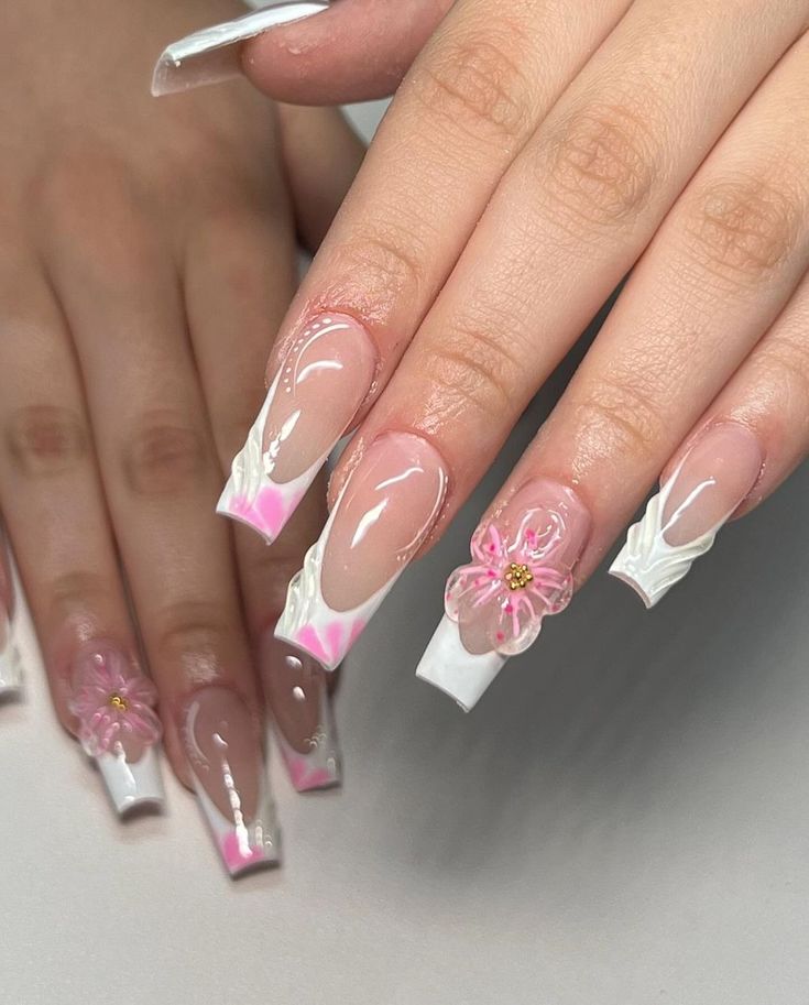 Luxurious Elegant Floral Nail Design in Soft Pinks and Clear Tips