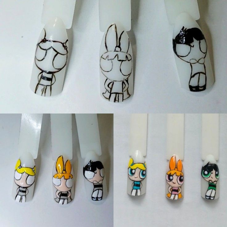 Playful Cartoon-Inspired Nail Designs with Unique Character Illustrations.