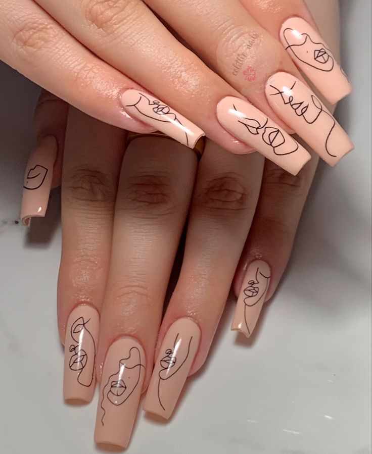 Stylish Minimalist Nail Design: Nude Base with Intricate Black Line Art.