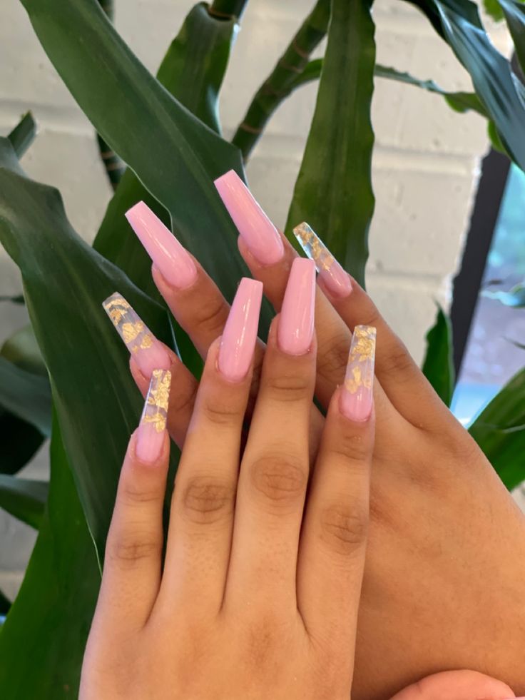 Chic Soft Pink Long Nails with Elegant Gold Accents Amidst Lush Greenery.