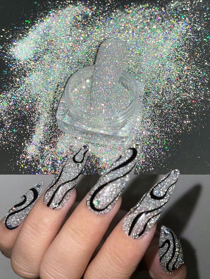 Elegant Glittery Black Swirl Nail Art with Shimmering Silver Polish for Special Occasions.