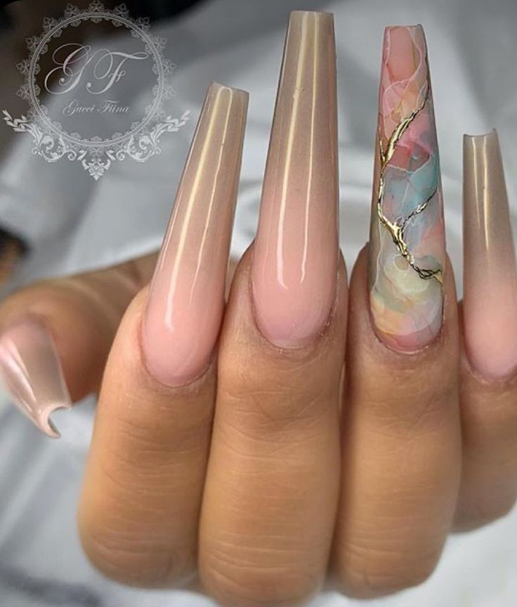 Chic Ombre Nail Design with Elegant Long Tapered Shape and Colorful Abstract Accent.