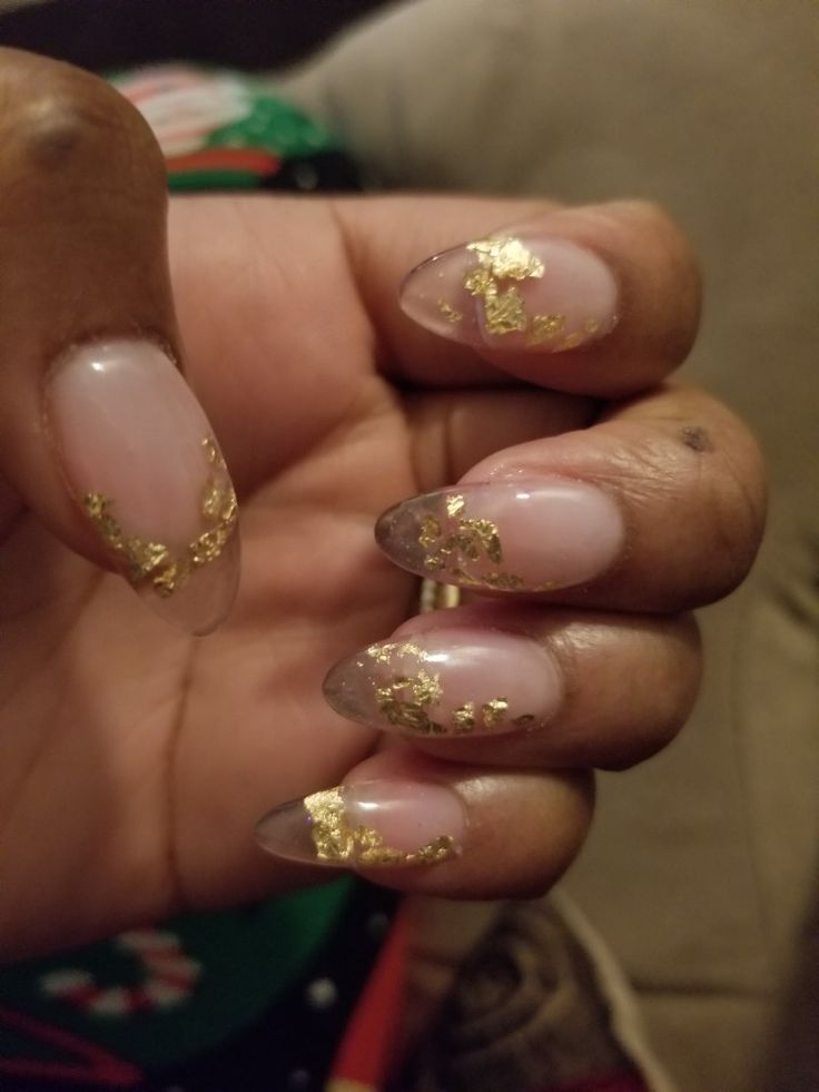 Sophisticated Almond Nail Design with Natural Ombre and Gold Foil Accents