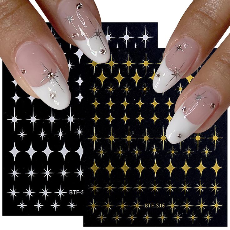 Glamorous Glossy Nude Nail Design with White Tips, Stars, and Rhinestones on a Black Backdrop.