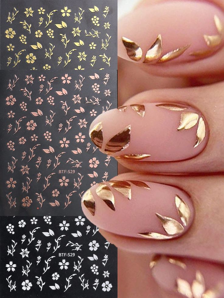 Chic Floral Elegance: Soft Nude Nail Design with Gold Foil Accents