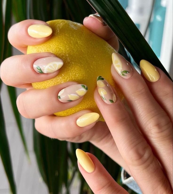 Cheerful Lemon-Inspired Nail Design: Playful Colors and Elegant Patterns for Spring and Summer.