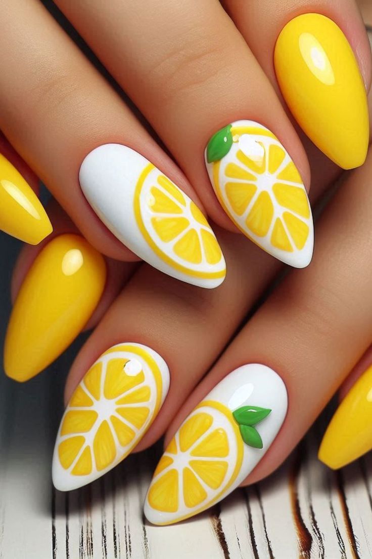 Cheerful Lemon-Themed Nail Design for a Bright Summer Look.