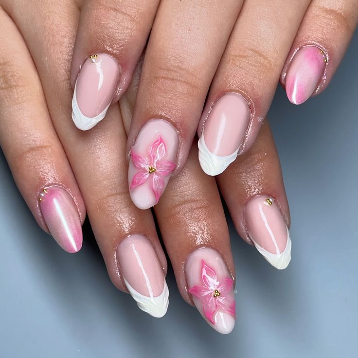 Elegant Floral Nail Design with 3D Flowers and Gold Accents