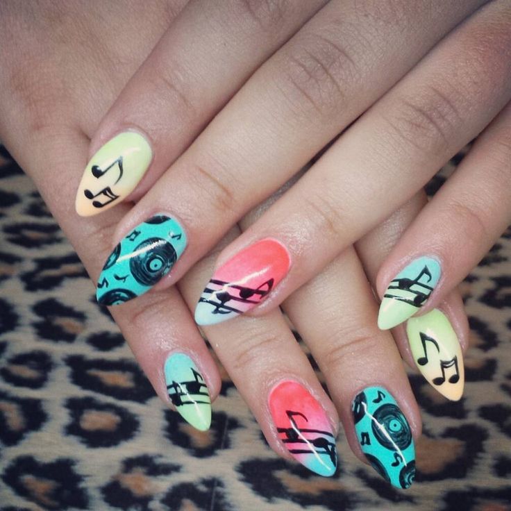 Playful Pastel Nail Design Inspired by Music Motifs.