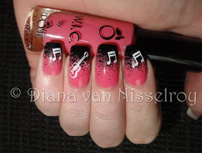 Vibrant Ombre Nail Design with Glitter, Musical Notes, and Violin Illustration