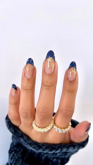 Chic Navy Blue French Tips with Gold Accents for Any Occasion