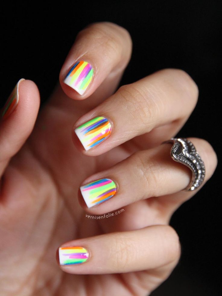 Vibrant Multicolored Stripes on Crisp White Base with Elegant Silver Ring Accent.