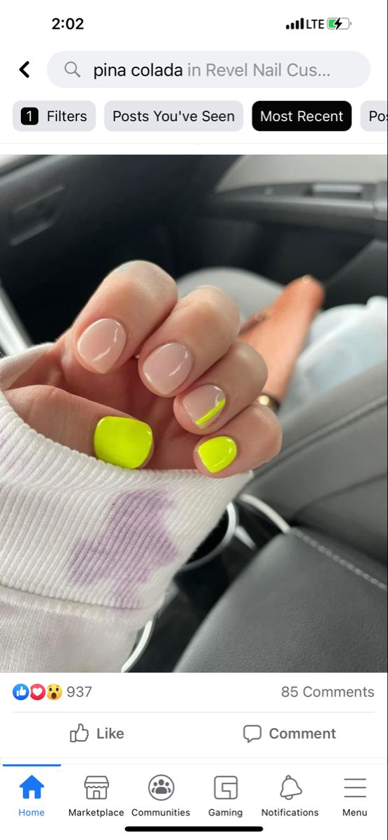 Vibrant Nail Design: Playful Colors with Neutral Pink and Neon Yellow Accents.