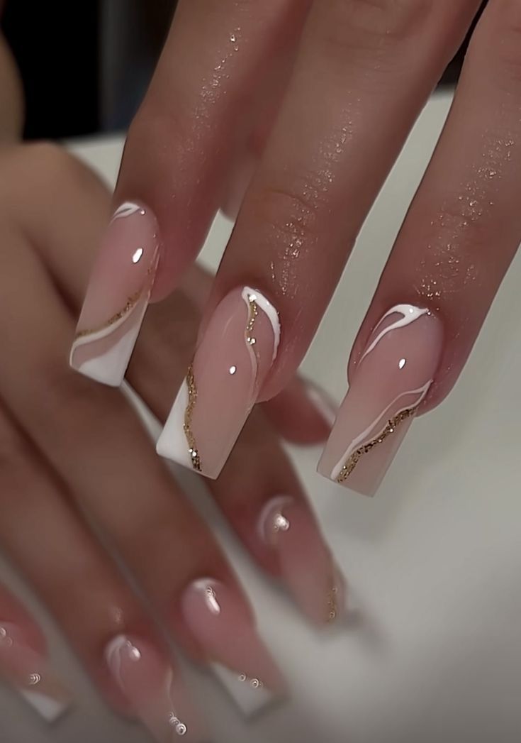 Sophisticated Soft Pink and White Nail Design with Gold Accents and Square Shape