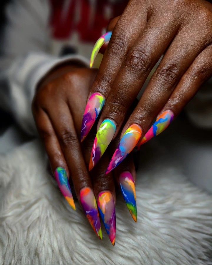 Vibrant Abstract Stiletto Nail Art: A Striking Neon Masterpiece