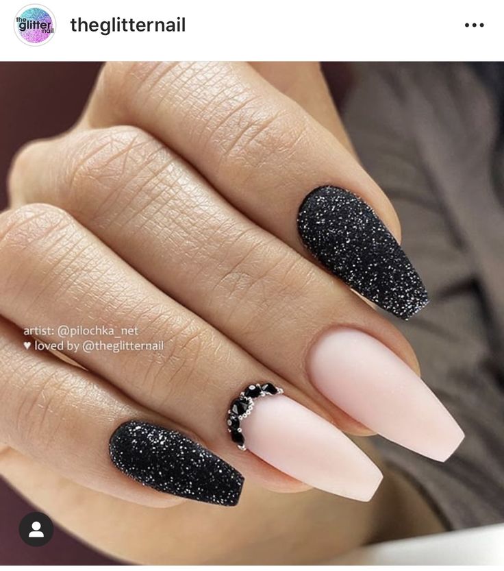 Chic Matte and Glitter Nail Design: Elegant Black and Pale Pink Contrast