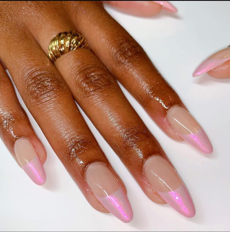 Chic Nude and Pink Tip Nail Design with Shimmering Elegance.