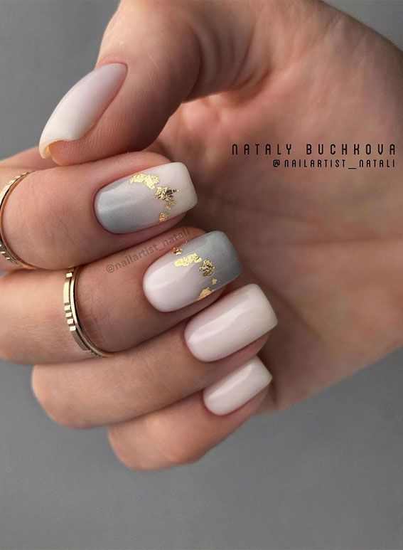 Elegant Pastel Nail Design with Gold Accents and Mixed Finishes