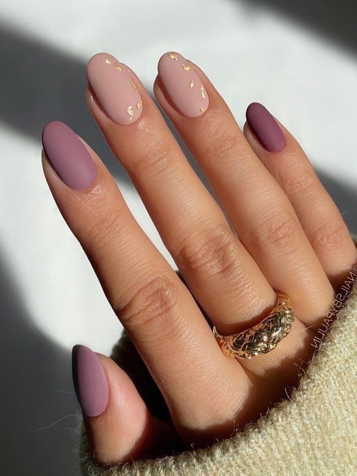 Sophisticated Matte and Glossy Nail Design in Soft Mauve and Nude with Gold Accents.